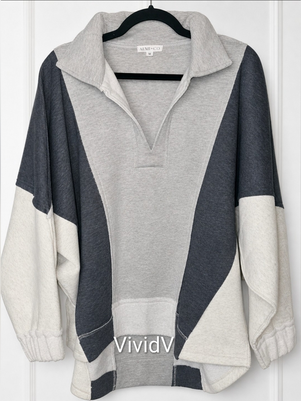 Lallie Oversized Slate Gray Tunic V-neck Sweatshirt Small,Med,Large AEMI+CO  NWT